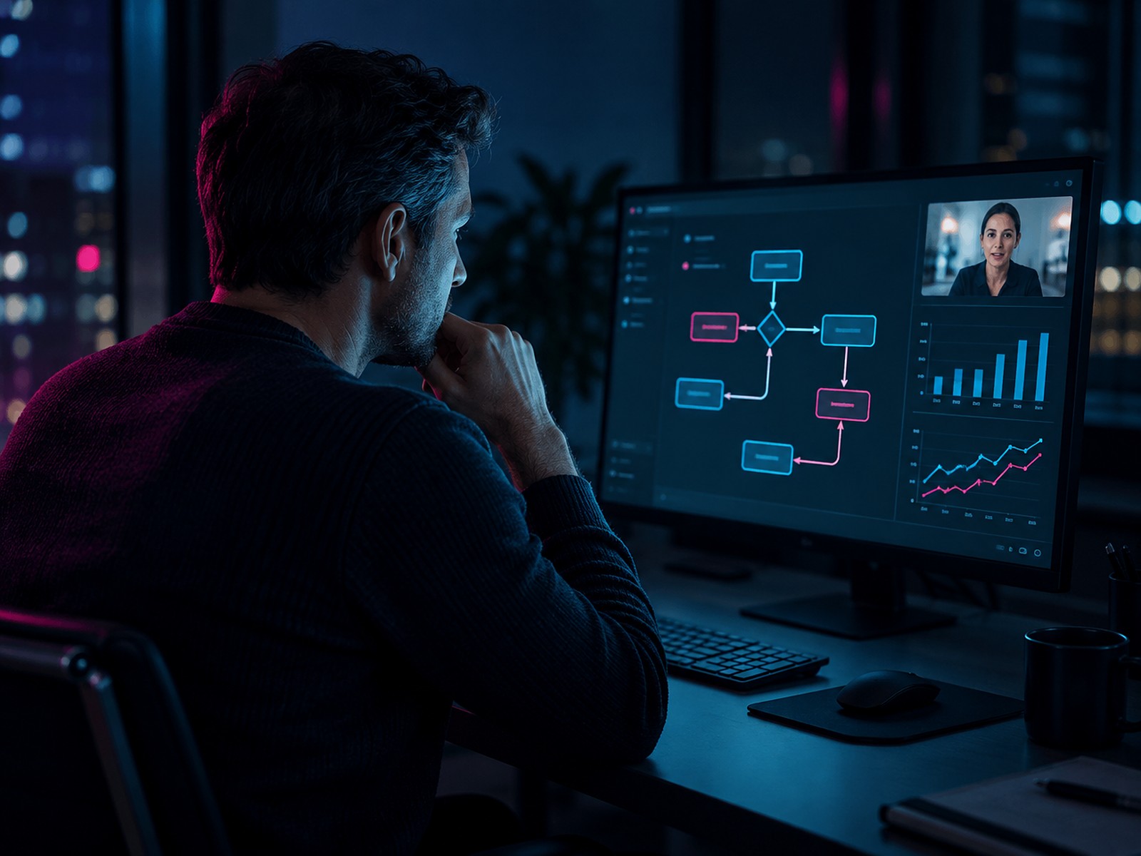 Business Architect in videocall, concentrato su un diagramma di processo sullo schermo